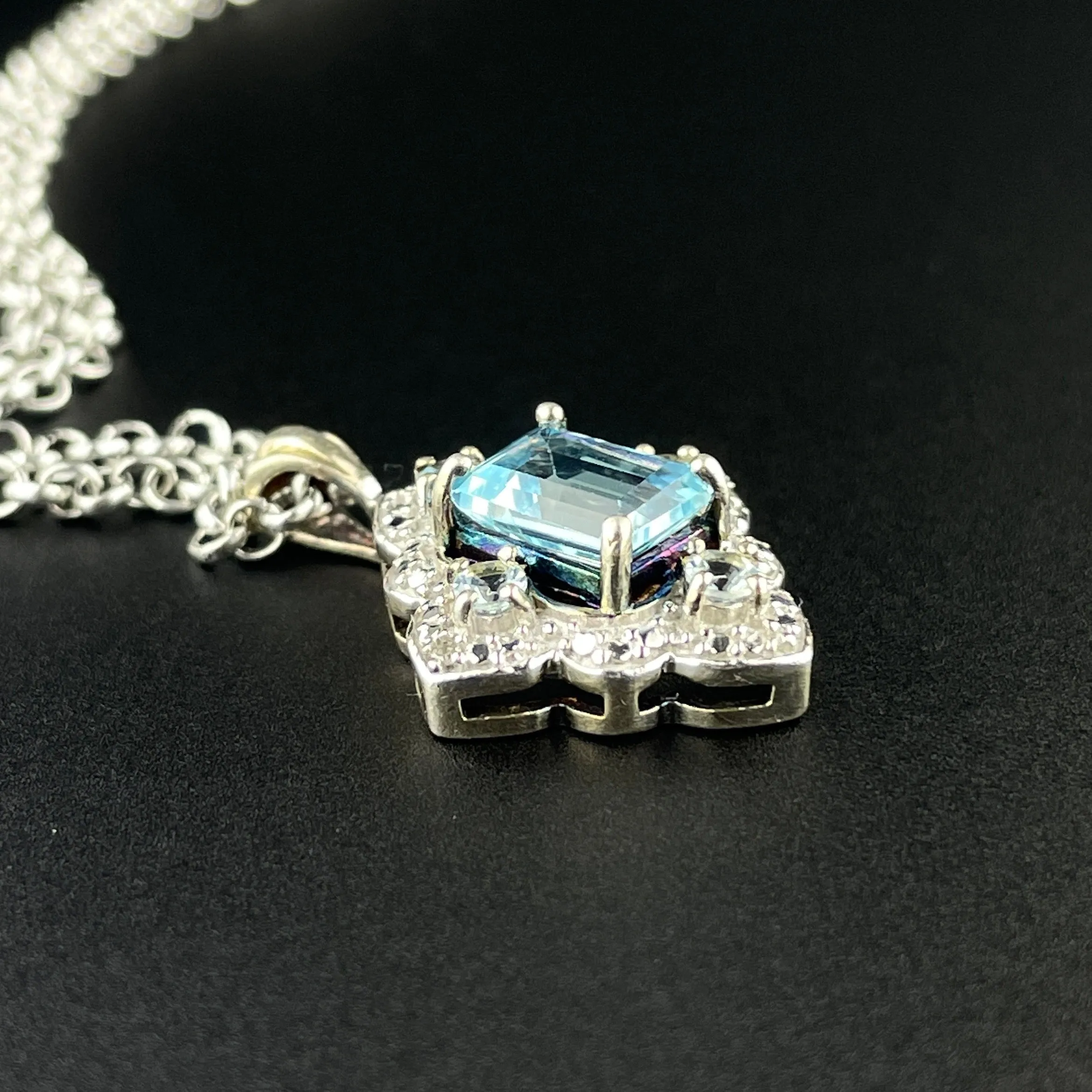 Vintage Sterling Silver Diamond Blue Topaz Pendant Necklace