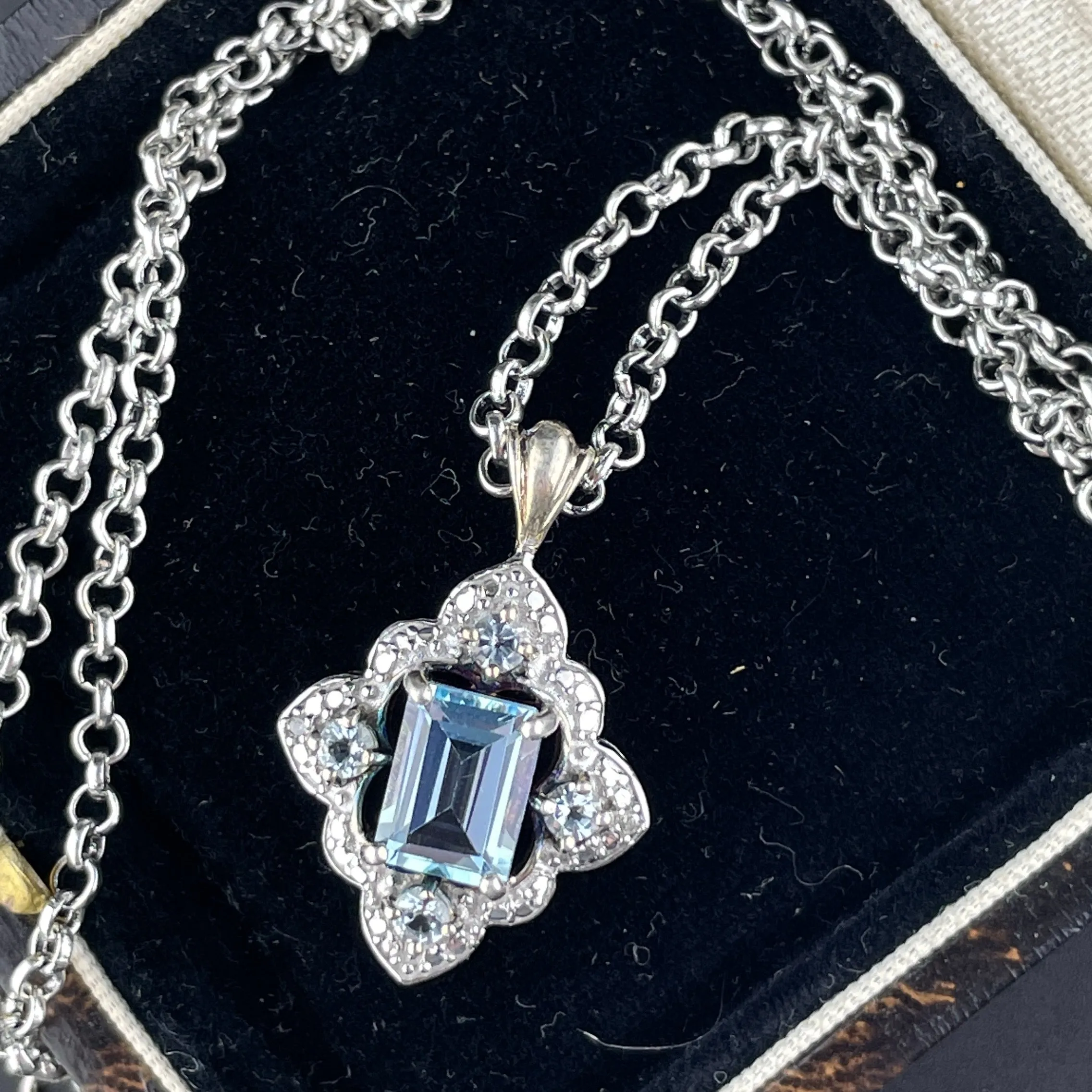 Vintage Sterling Silver Diamond Blue Topaz Pendant Necklace