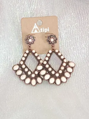 Western White Beaded Coppertone Chandelier Earrings