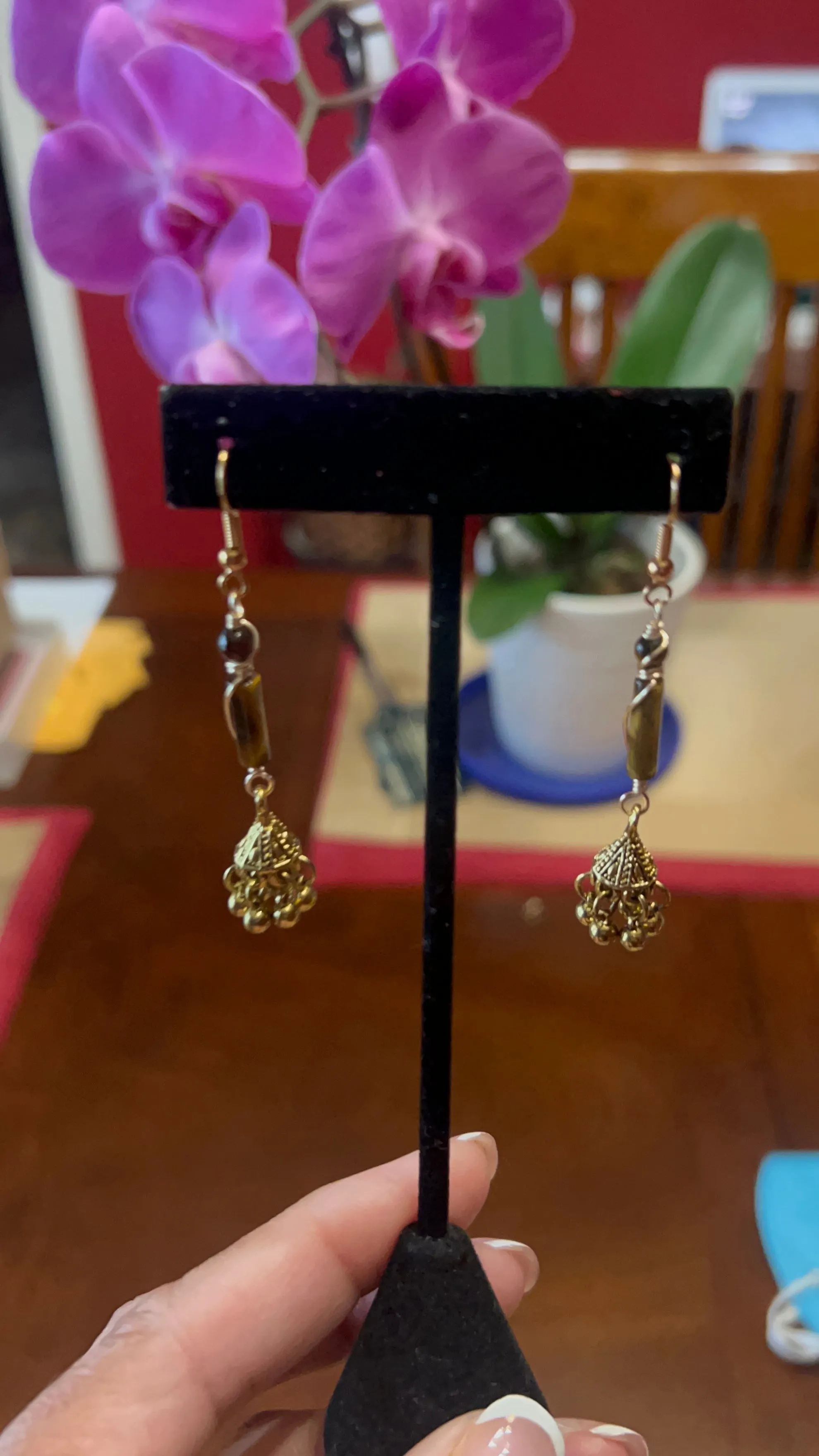 Wrapped Tiger Eye with Gold Chandelier Earrings